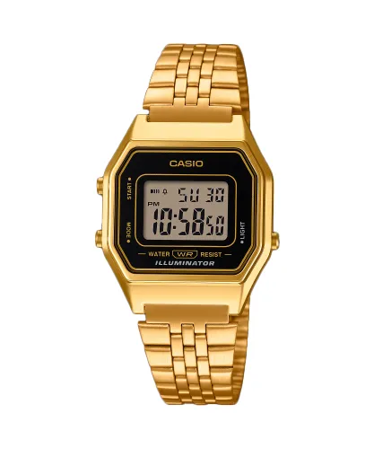Casio vintage negro con detalles dorados, modelo fino